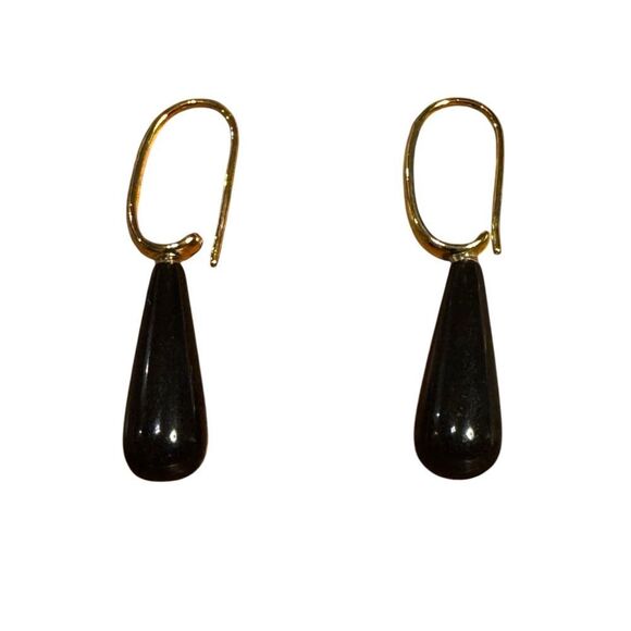 Macy's 14K Gold Plated Genuine Onyx Stone Teardrop Earrings - Picture 3 of 9